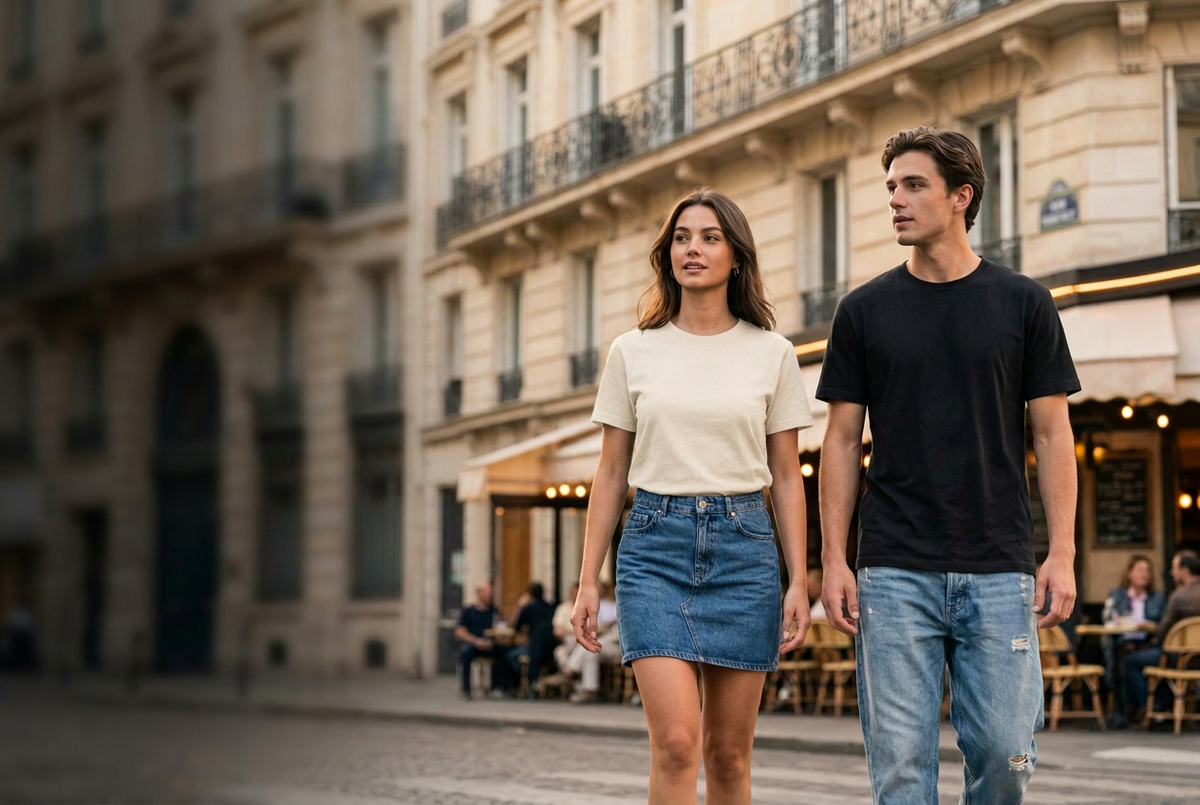 Wearzo Hero with the woman in a cream T-shirt and the man in black